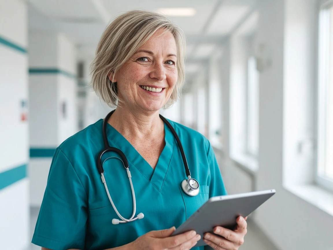 Pflegefachkraft mit Tablet auf einem hellen Klinikflur
