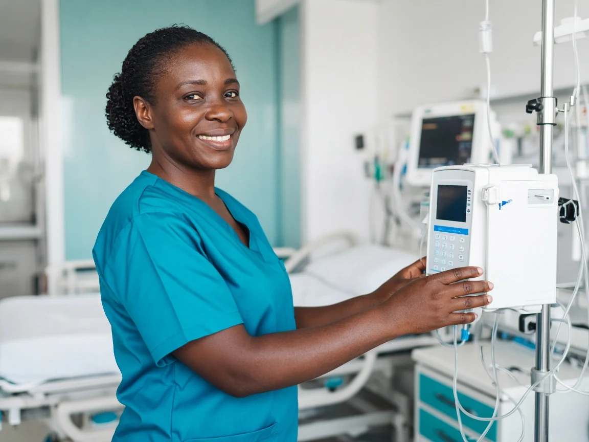 Intensivpflegekraft stellt eine Infusionspumpe am Intensivbett ein